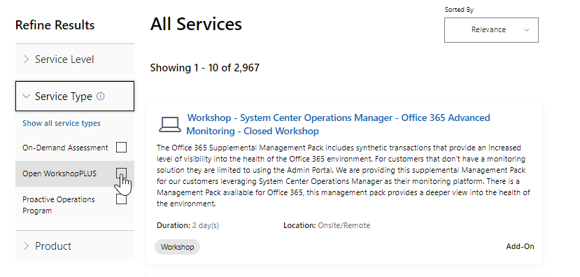 Képernyőkép a Minden szolgáltatás oldalról, amely azt mutatja, hogy a felsorolt eredményeket az Open Workshop PLUS szűrő szűri.