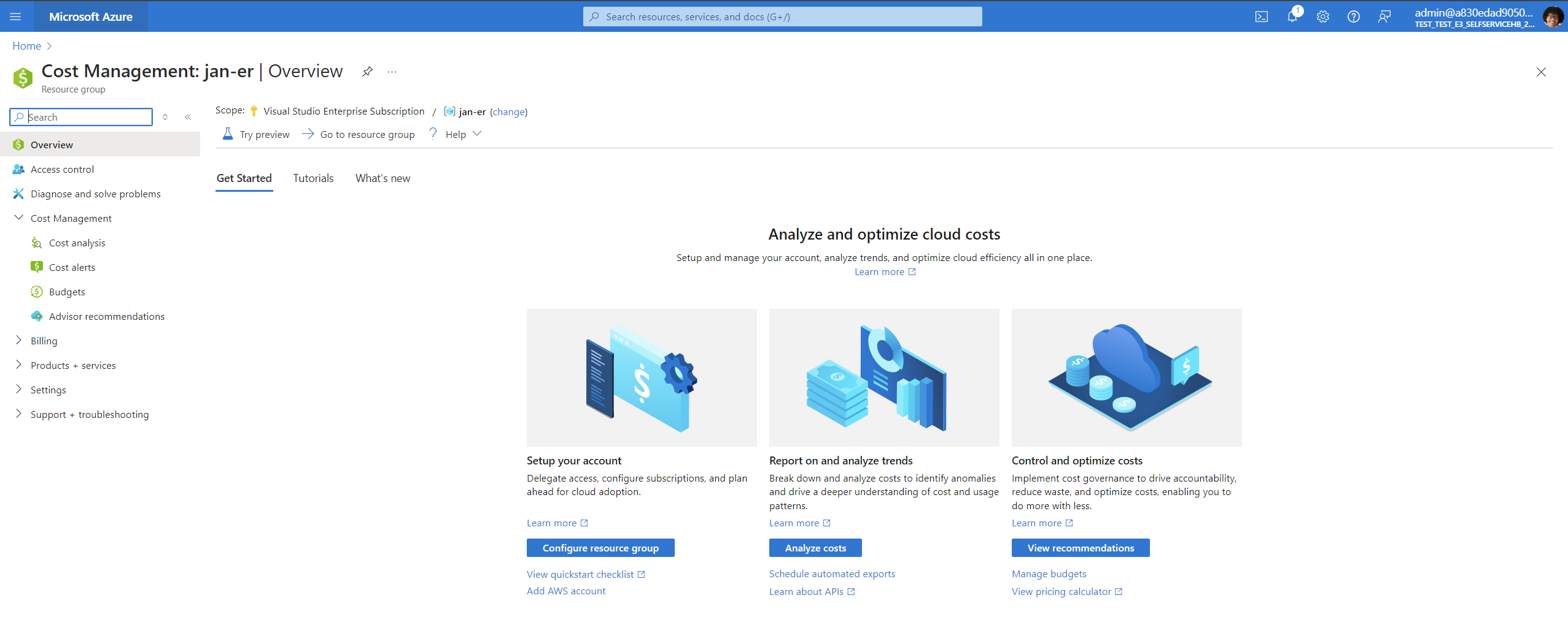 Azure portal with Cost Management + Billing selected in the left navigation.