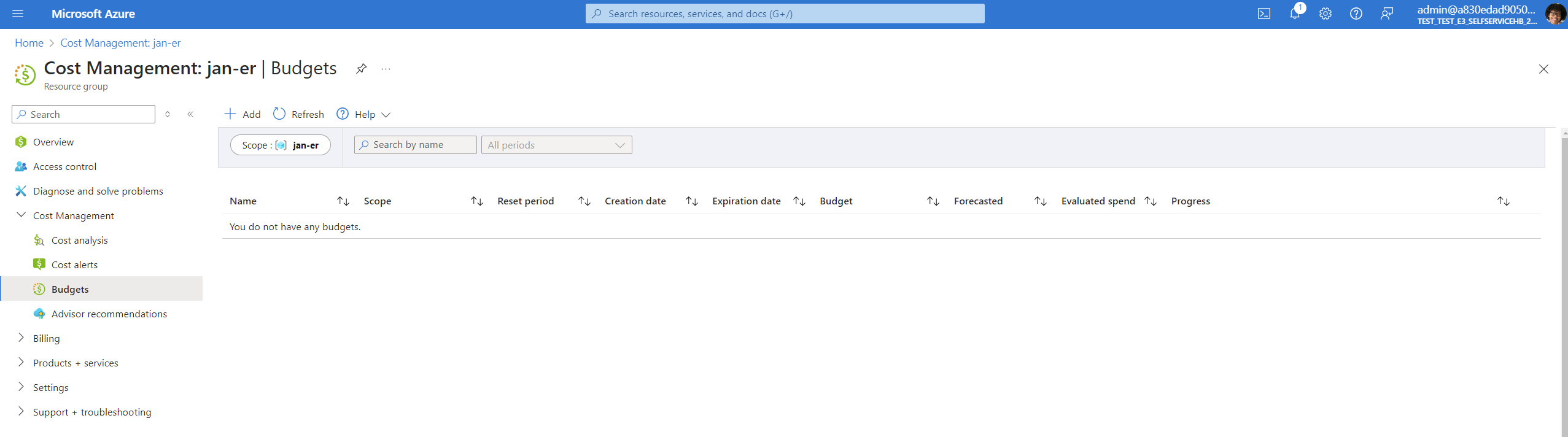 Azure Cost Management Budgets page for creating a budget and alerts on the linked subscription.