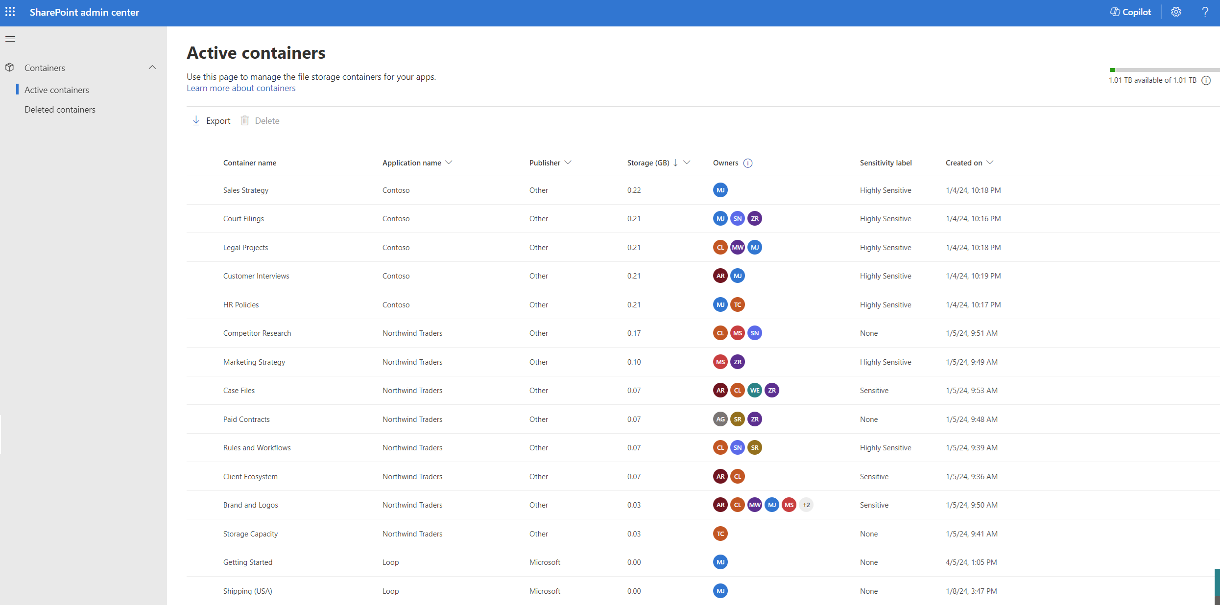 SharePoint admin center left navigation for a SharePoint Embedded Administrator, showing only the Active containers and Deleted containers pages.