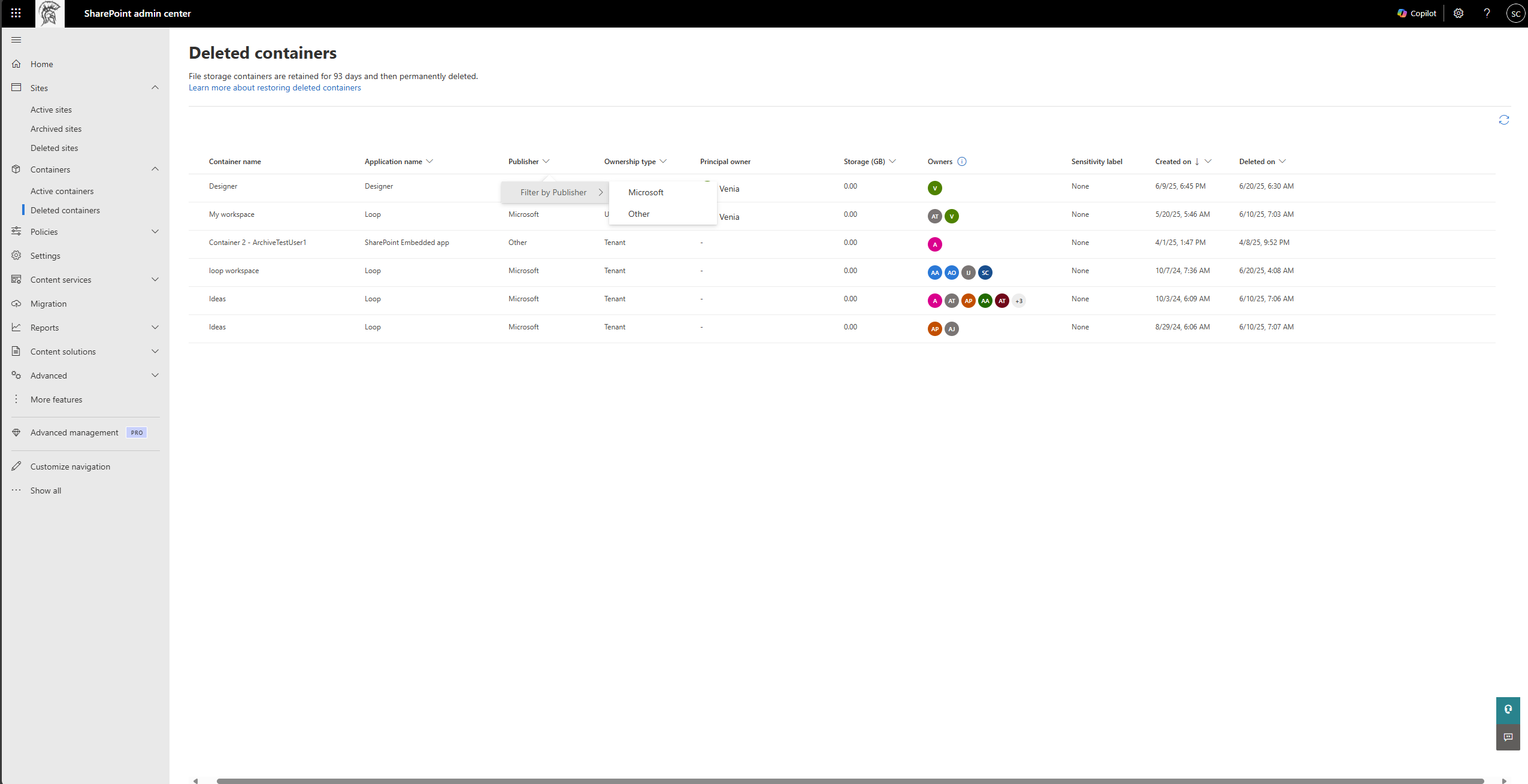 Filter panel on the Deleted containers page with options for application, publisher, ownership type, principal owner, owner count, created date, and deleted date.