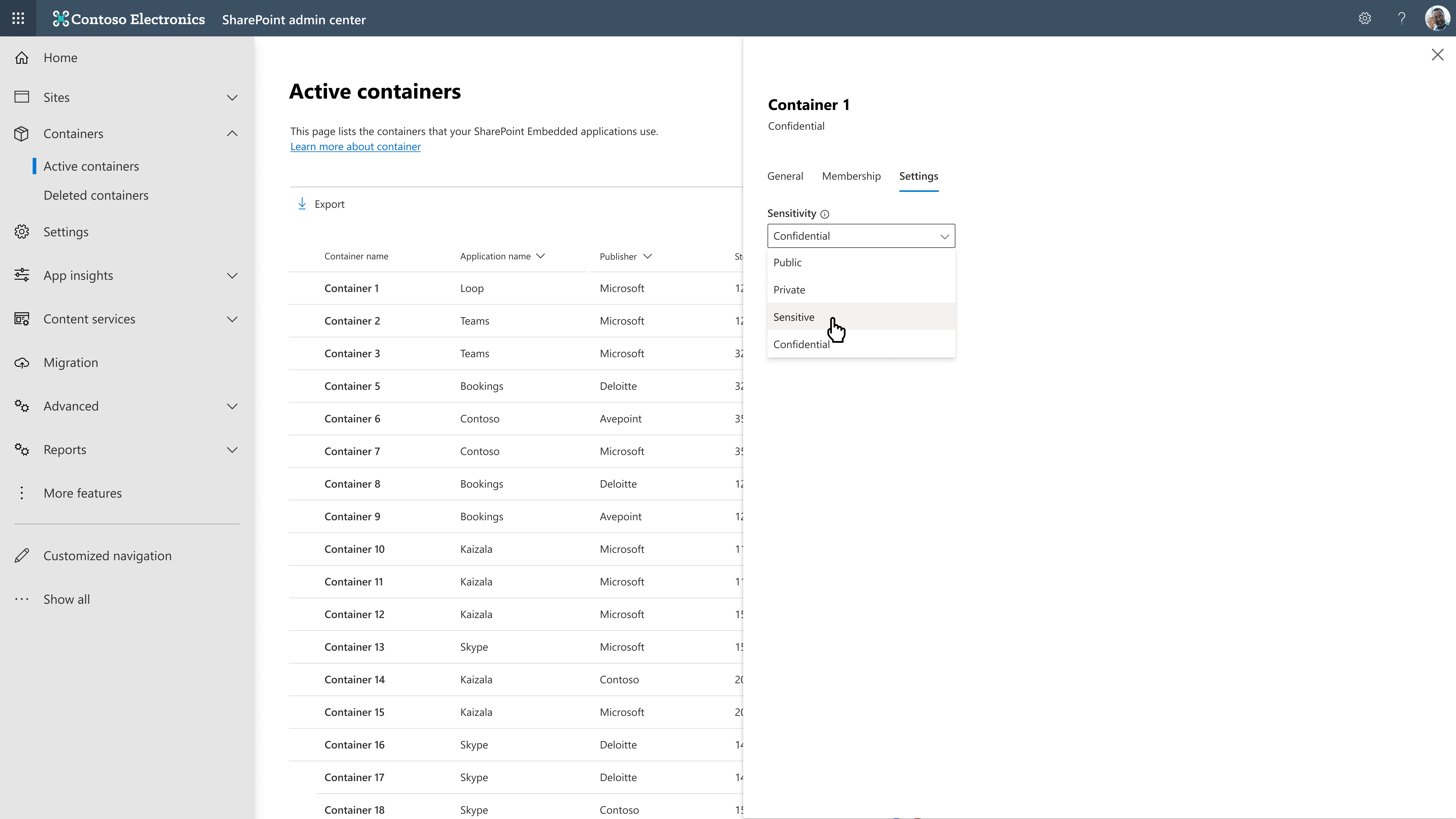 Container details settings area with the sensitivity label selector for an active container.