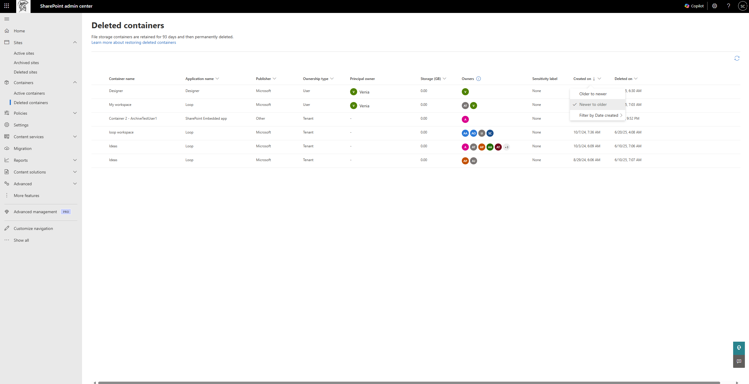 Sort control on the Deleted containers page applied to storage, created-on, and deleted-on columns.