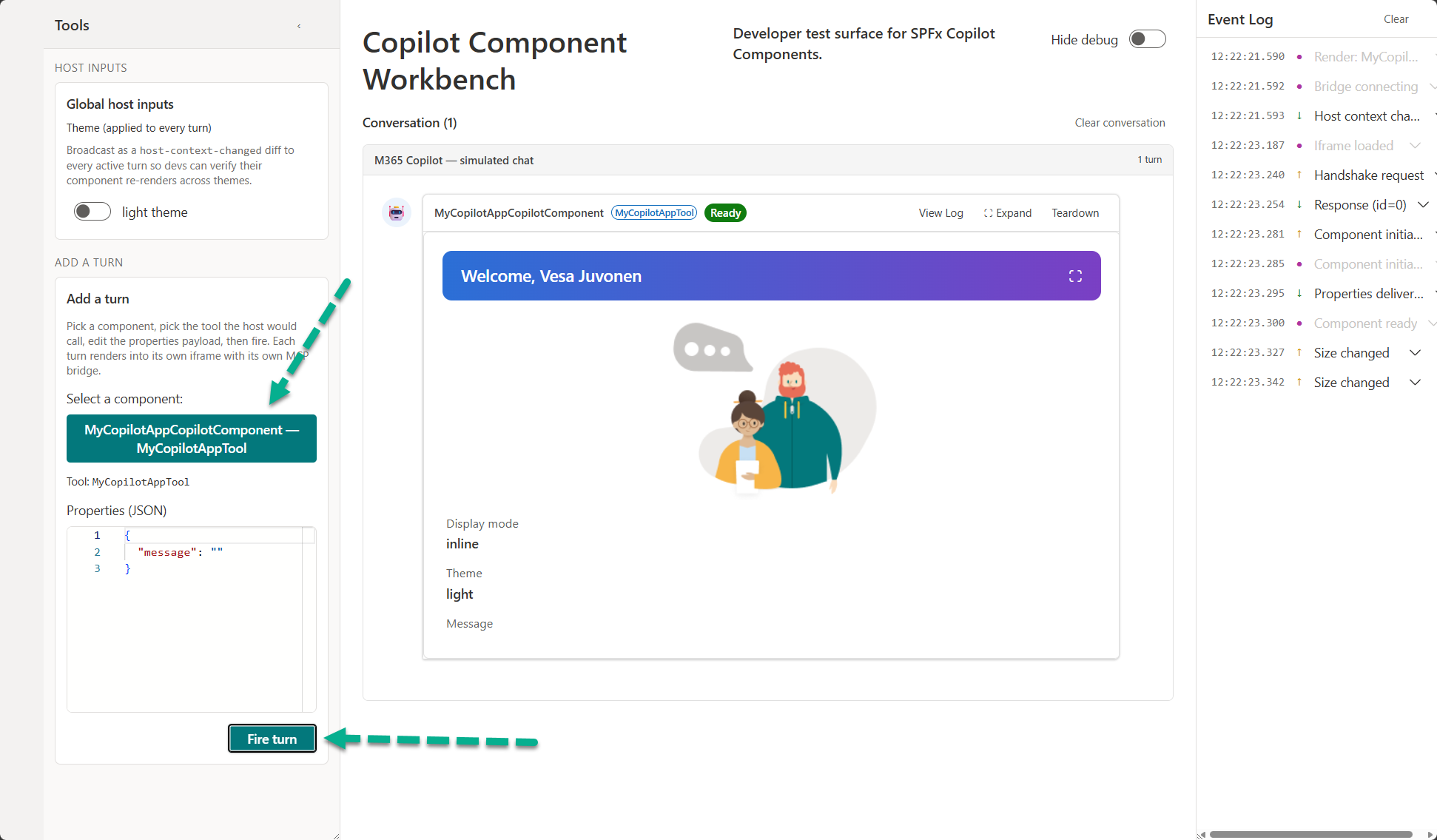 A Copilot UX component under test in the Copilot Workbench.