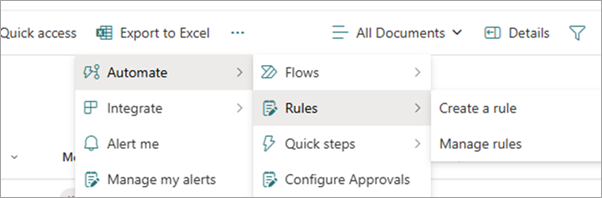 Screenshot showing the path to view all rules in your library.