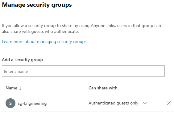 Képernyőkép a Biztonsági csoportok kezelése panelről.