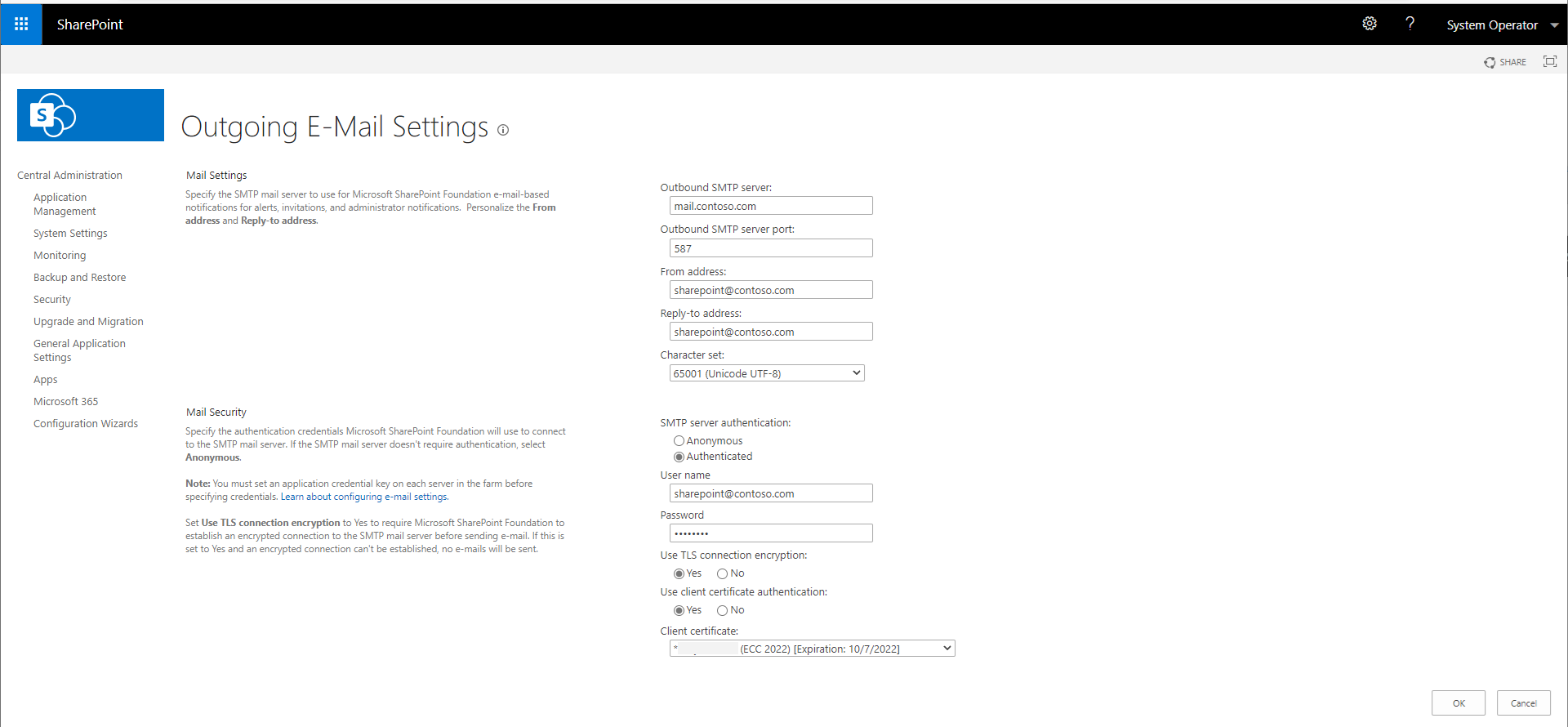 How use client certificate authentication with an SMTP server