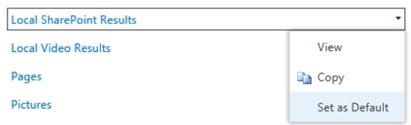 Képernyőkép a Helyi SharePoint-eredmények legördülő menüjének Beállítás alapértelmezettként lehetőségéről.