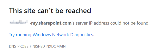 Képernyőkép arról a hibáról, hogy a webhely nem érhető el a OneDrive vagy a SharePoint elérésekor.