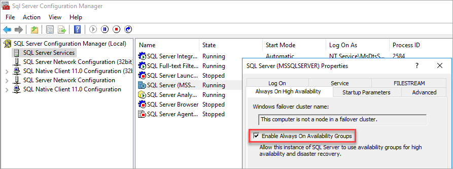 Screenshot showing how to enable Availability Groups.