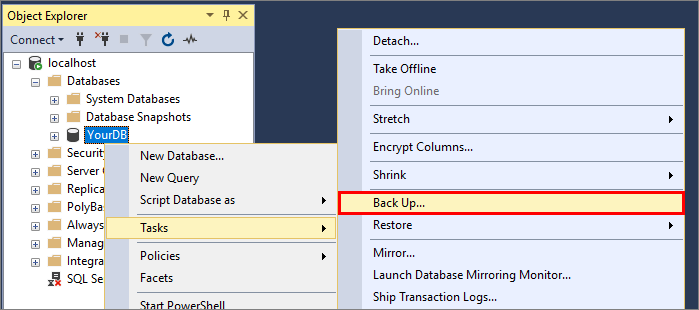Képernyőkép arról, hogy az SSMS használatával hoz létre biztonsági mentési fájlt.