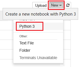 Képernyőkép egy Jupyter-jegyzetfüzetről a New Python 3 kiválasztásával.