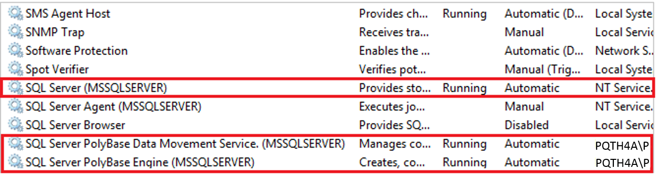 Képernyőkép az SQL Server Configuration Managerről a PolyBase-szolgáltatásokról.