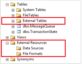 Képernyőkép a PolyBase-objektumokról az SSMS-ben.