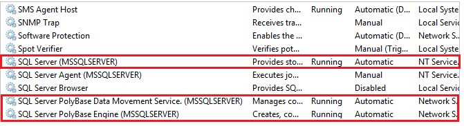 Képernyőkép a PolyBase-szolgáltatások leállításáról és elindításáról a services.msc-ben.