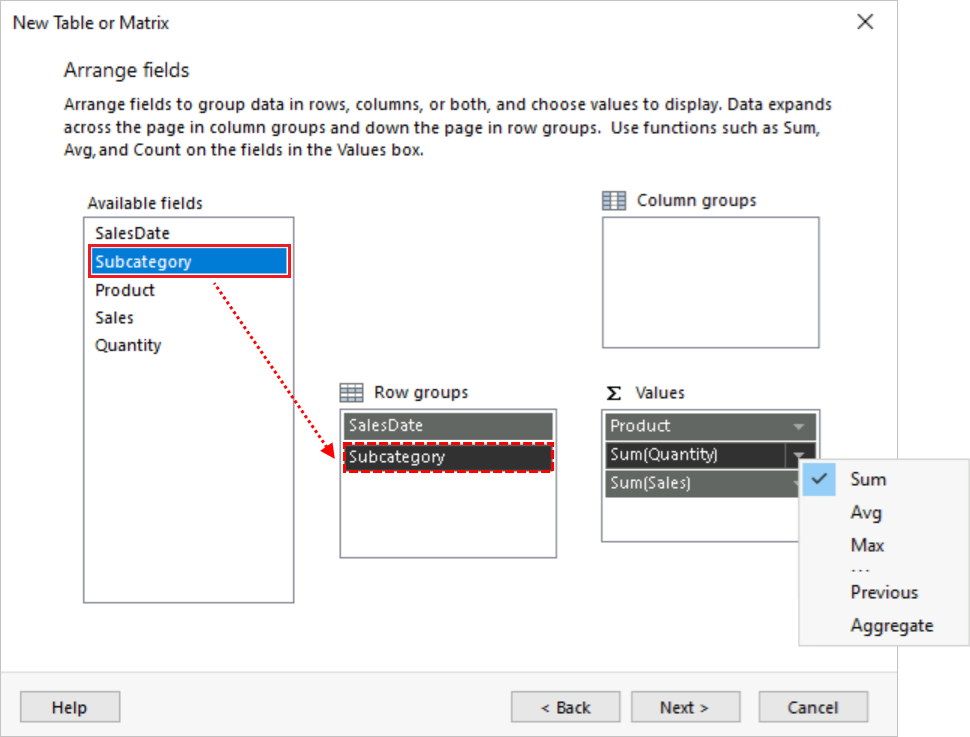 Screenshot that shows how to arrange the table data fields.