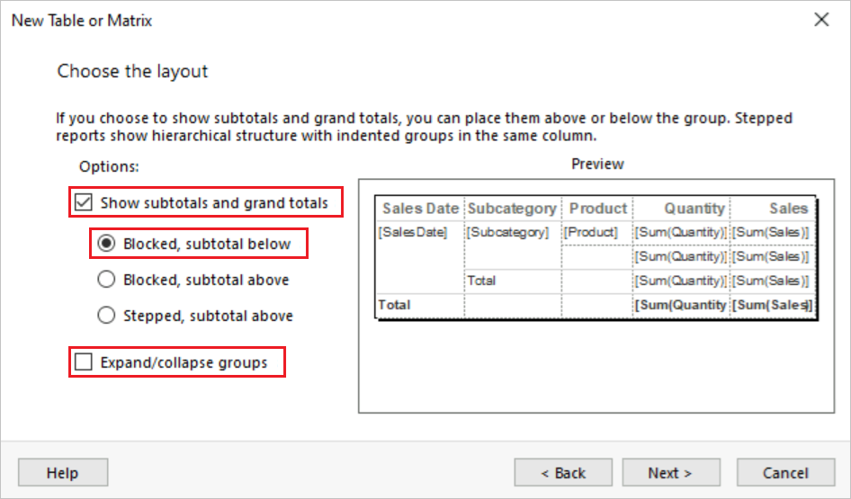 Screenshot that shows how to choose the layout options for the table.