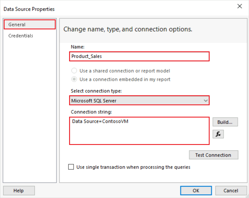 Screenshot that shows how to configure General options on the Data Source Properties dialog.