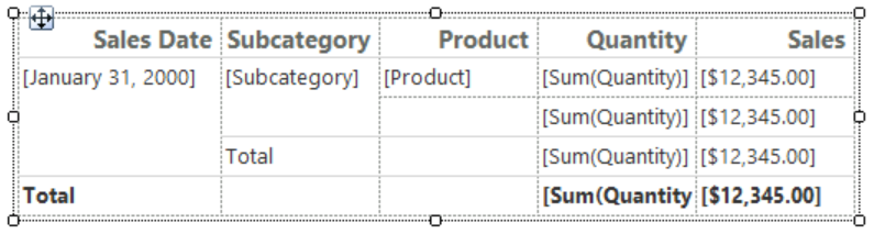 Screenshot that shows the row and column handles for a table on the design surface in Report Builder.