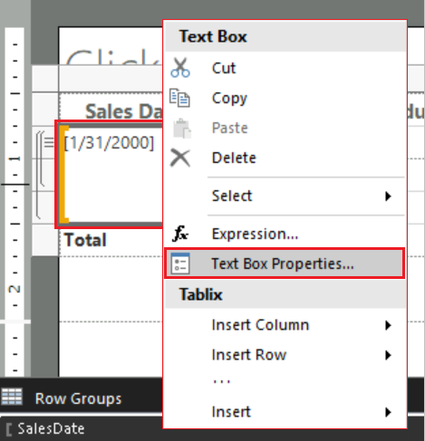 Screenshot that shows how to open the Text Box Properties dialog for the selected cell.