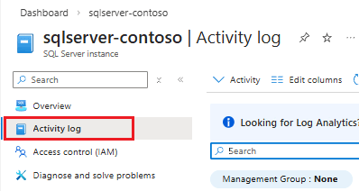 Képernyőkép egy SQL Server-példányerőforrás tevékenységnaplójáról az Azure Portalon.