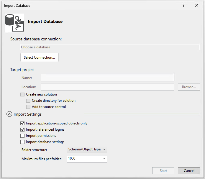 A Visual Studio adatbázis-importálási párbeszédablak képernyőképe.