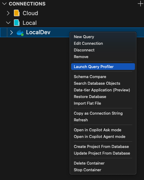 Képernyőkép a Lekérdezésprofilozó indítása lehetőségről a Kapcsolatok helyi menüben.