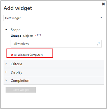 Képernyőkép a Riasztási widget feltételeinek beállítása elemről.