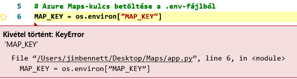 Screenshot that shows an example of the key error exception message.
