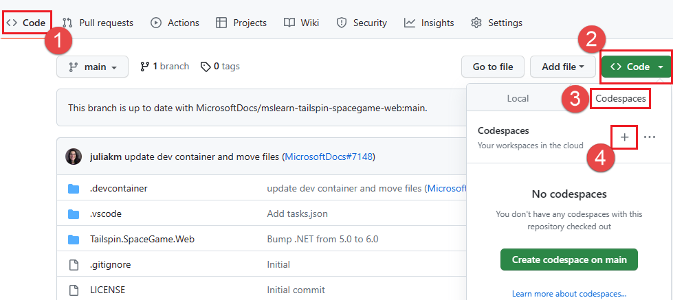 Képernyőkép egy új codespace beállításokkal való létrehozásáról. 