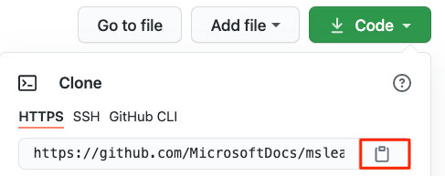 Képernyőkép a GitHub-adattár URL-címének és másolási gombjának helyéről.
