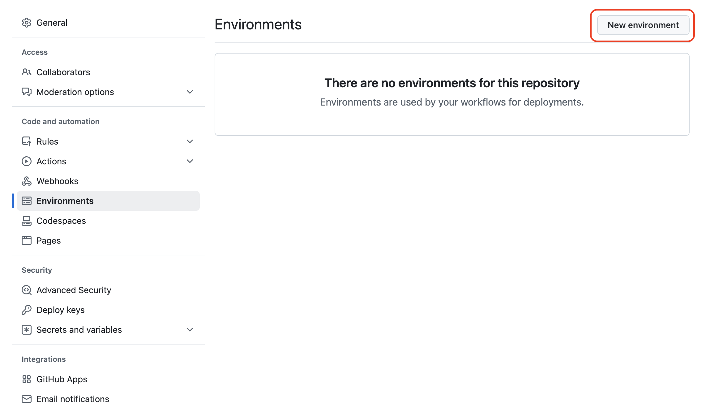 Képernyőkép a GitHub adattár beállításai lapjáról, amelyen a Környezetek szakasz látható, és egy üzenet jelzi, hogy nincsenek környezetek, és ki van emelve egy Új környezet gomb.