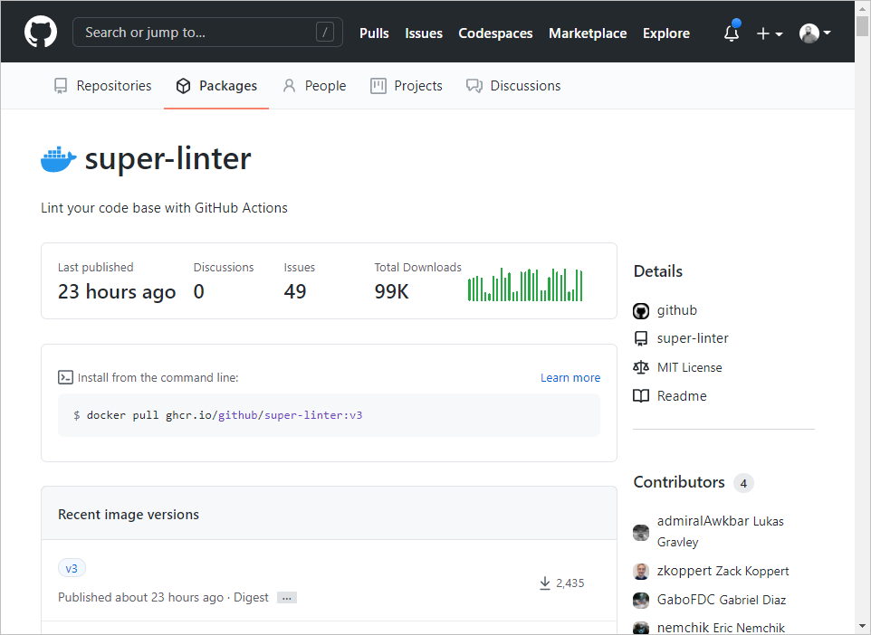 A GitHub-tároló lemezképoldala a rendszerképverziók listájával, statisztikáival és telepítésével kapcsolatos útmutatással.