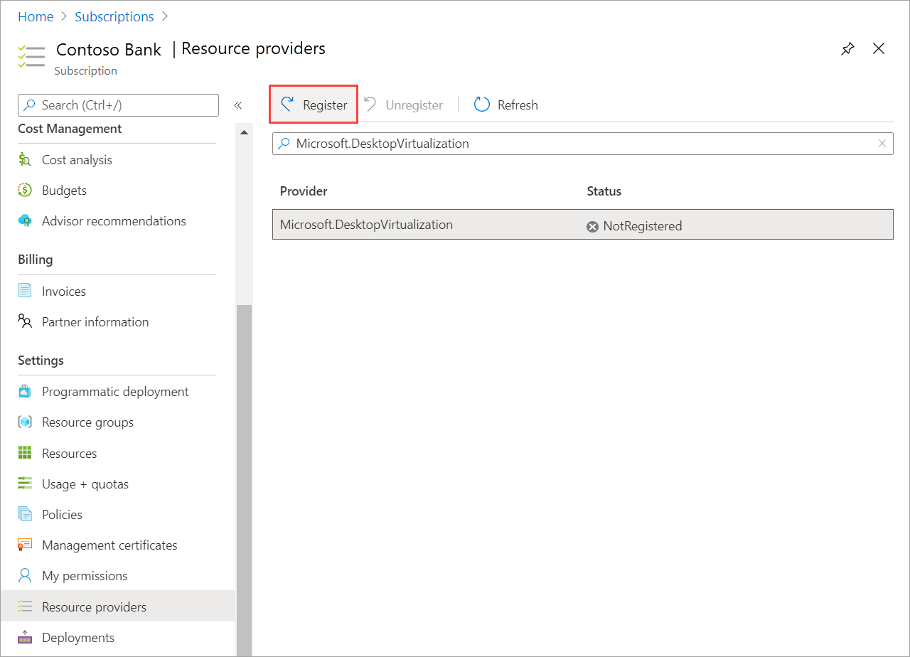 Screenshot of resource provider listed and register button highlighted.