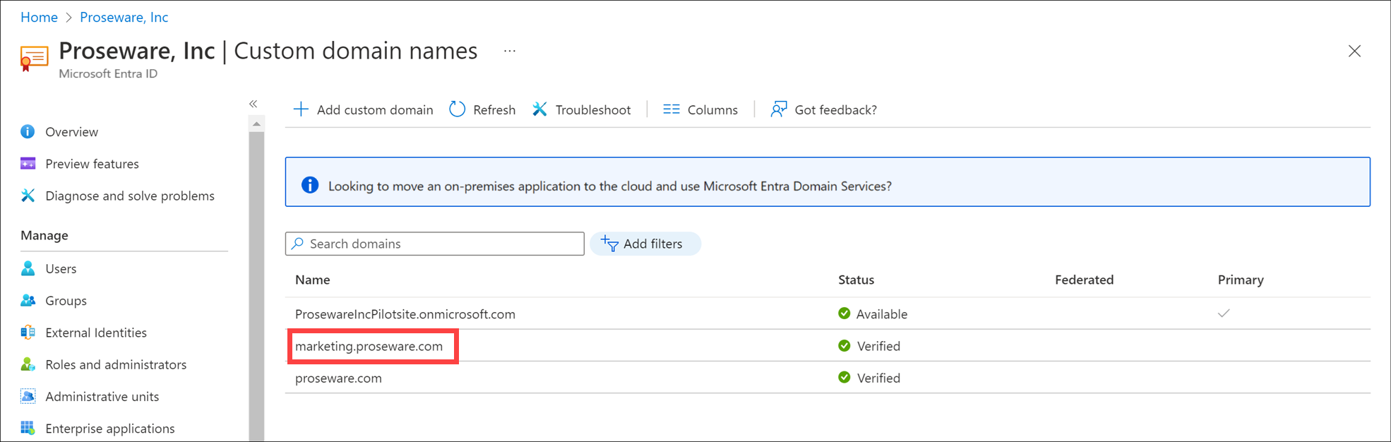 Screenshot of a list of custom domains with a callout highlighting the subdomain marketing.proseware.com with the status set to verified.