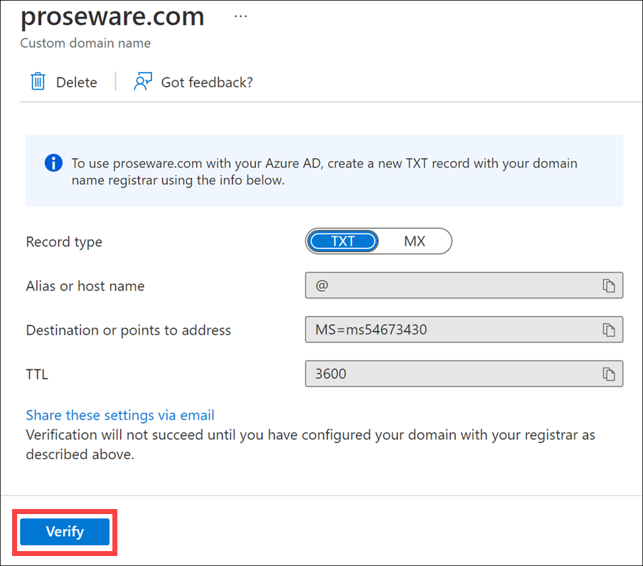 Screenshot of the Verify button on the custom domain's DNS information page.