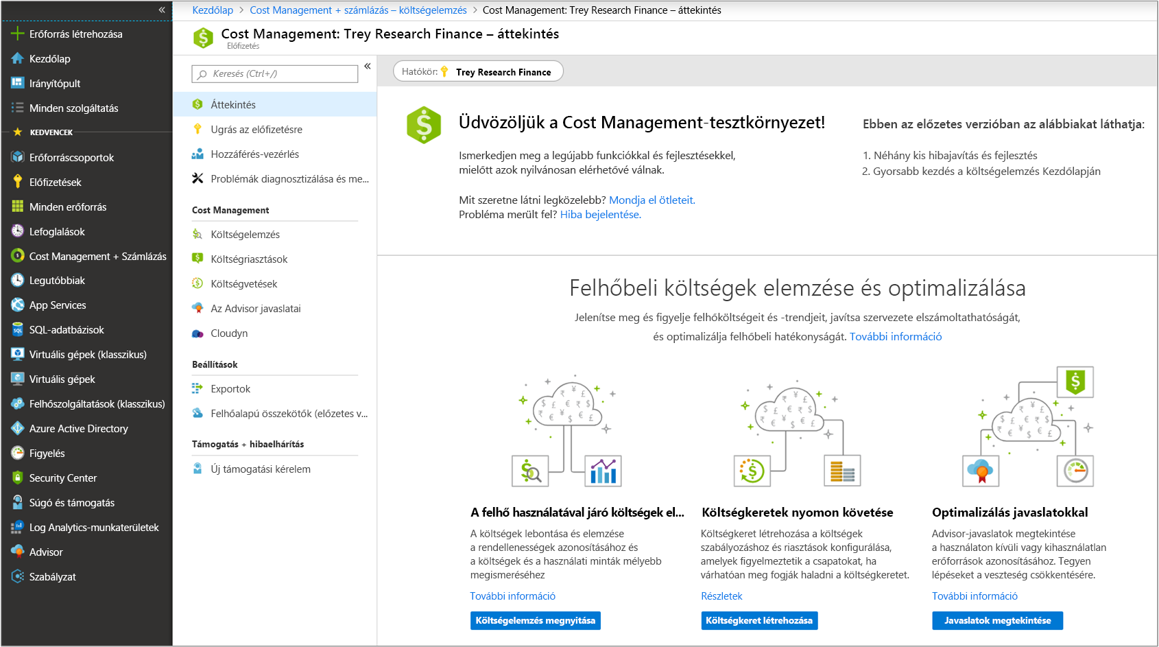 Screenshot of Azure Portal navigated to Cost Management overview panel from the Cost Management + Billing side navigation.