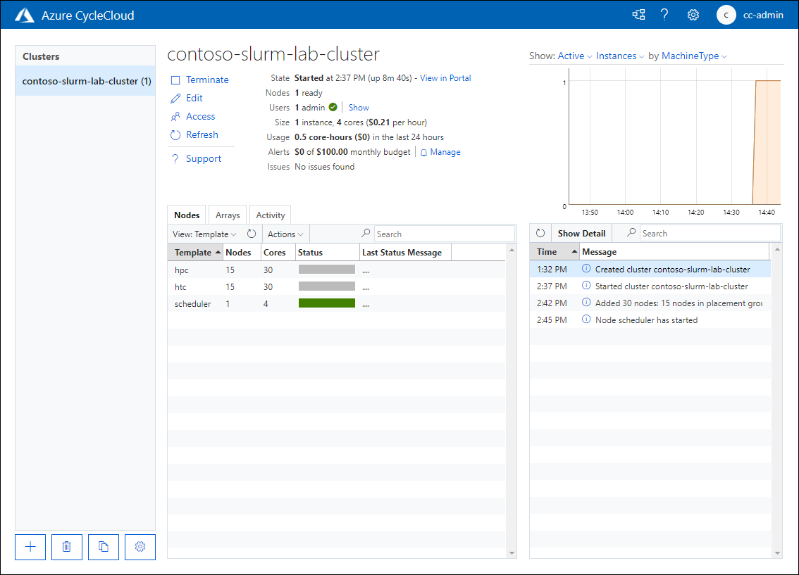 Képernyőkép a Contoso-slurm-lab-fürt Csomópontok lapjáról az Azure CycleCloud webalkalmazás indítási állapotában.