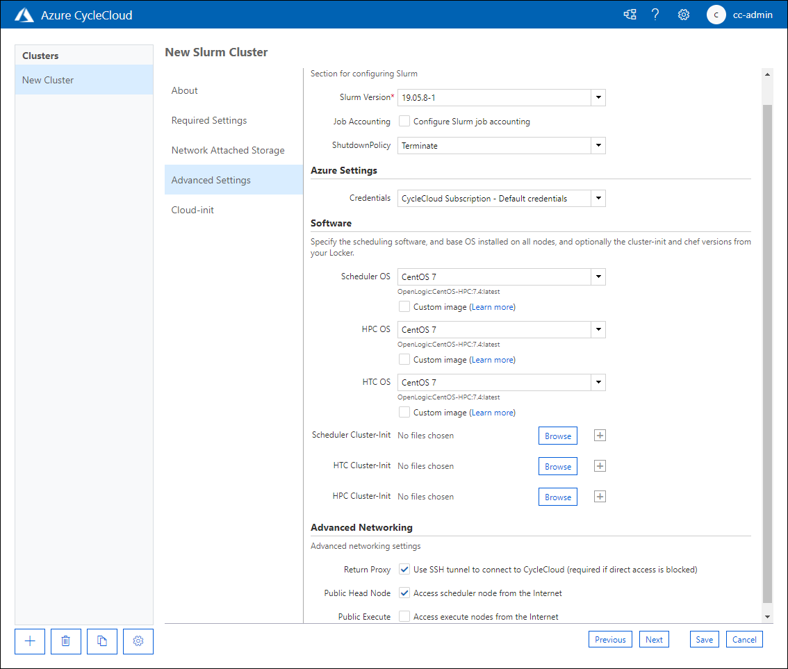 Képernyőkép, ami megmutatja az Azure CycleCloud webalkalmazás „Új Slurm-fürt” oldalának „Speciális beállítások” lapját.