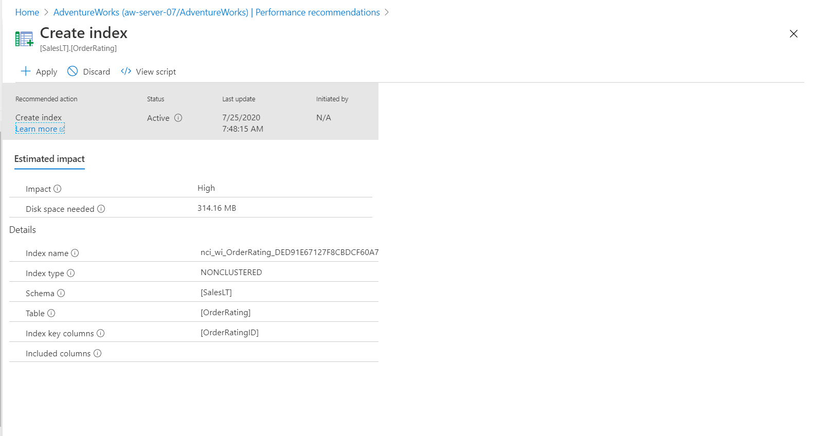 Screenshot of create index recommendation.