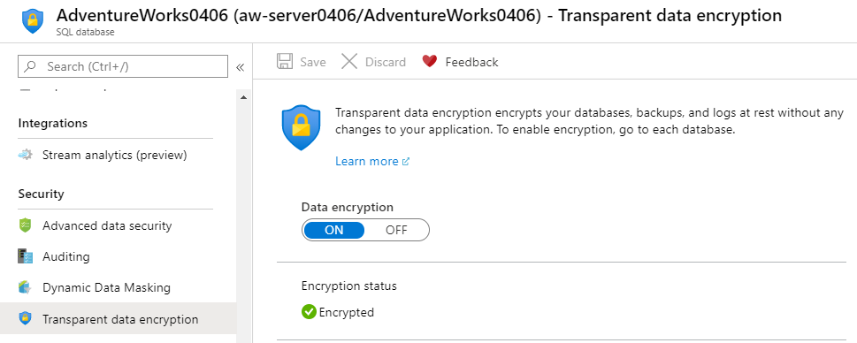 Screenshot of confirming TDE is on in the Azure portal.