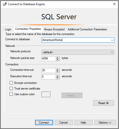 Screenshot of how to connect to a specific database.