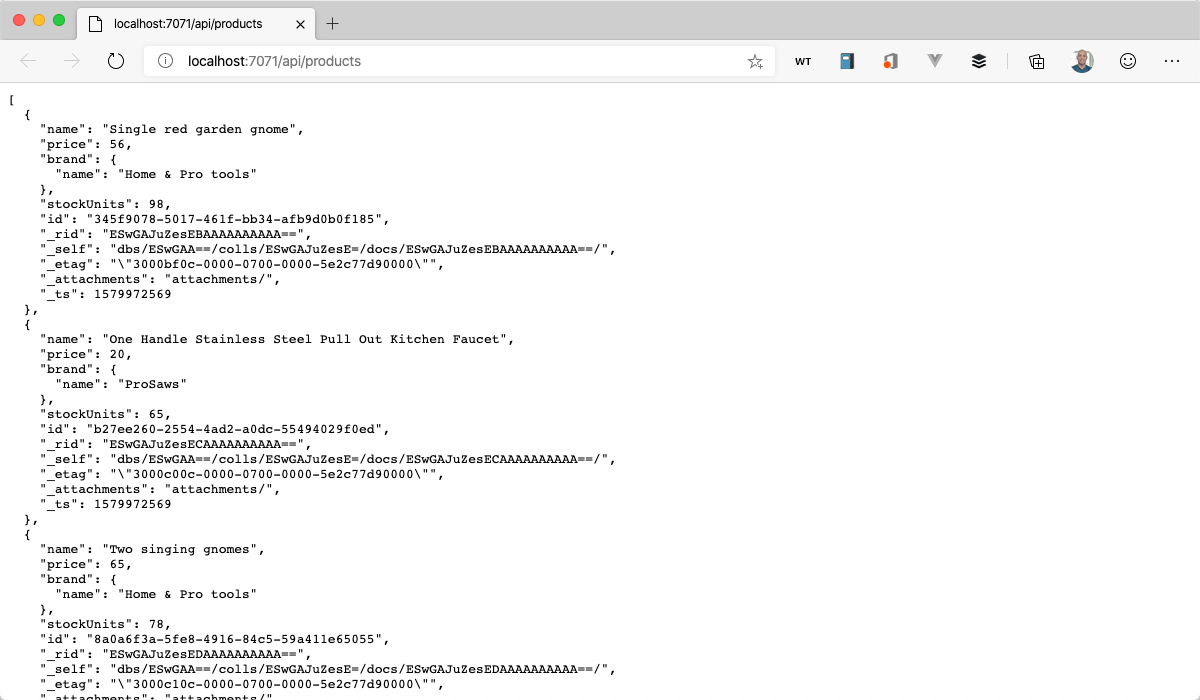 Képernyőkép egy webböngészőről, amely megjeleníti a termékek gyűjteményében a JSON formátumú elemeket.