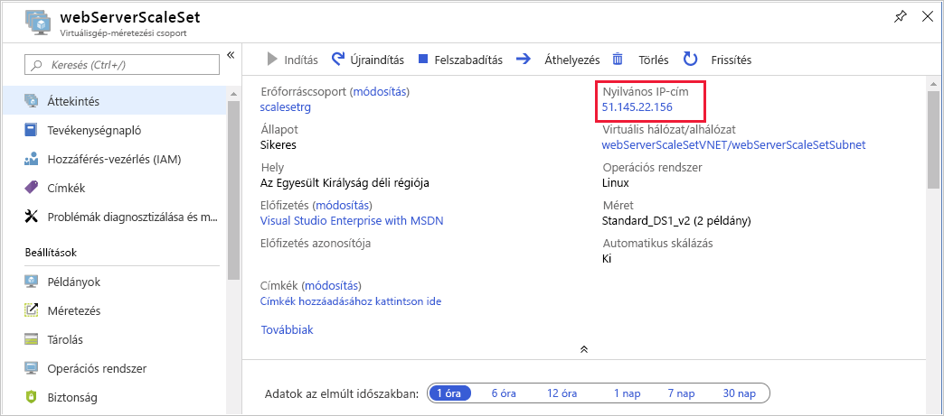 Képernyőkép a Azure Portal, amelyen a virtuálisgép-méretezési csoport Áttekintés lapja látható.