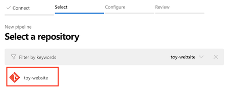 Screenshot that shows Configure your pipeline tab with the toy-website repository selected.