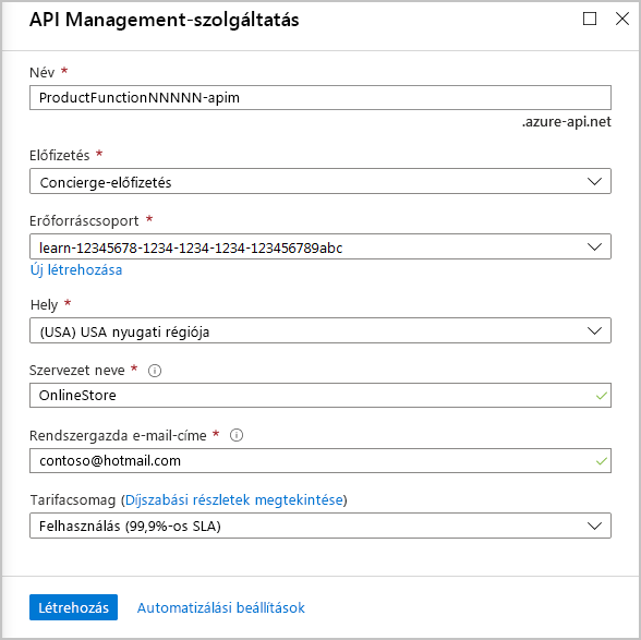 Screenshot showing settings for an API Management service.