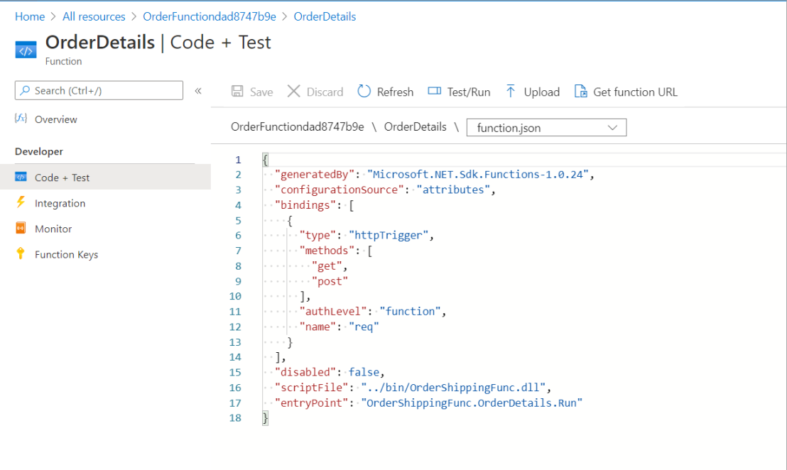 OrderDetails JSON code, with Code + Test in menu and Test/Run in command bar highlighted.