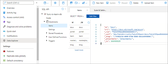 Képernyőkép az SQL API-adatokról, amelyen a func-io-learn-db könyvjelzőtárolójában lévő elemek gyűjteménye látható.