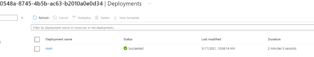 Screenshot of the Azure portal interface for the deployments, with the one deployment listed and a succeeded status.