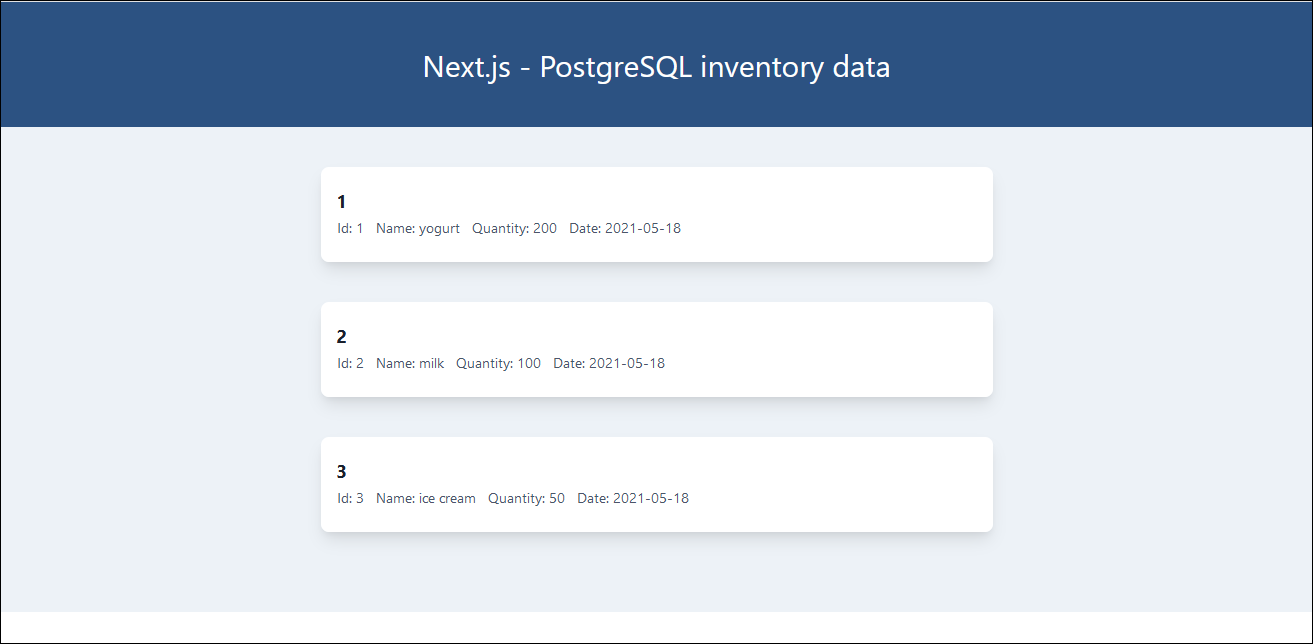 Screenshot of the page of the deployed Azure web app containing the listing of the inventory items.